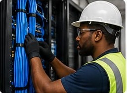 Technician in a hard hat routing blue network cables in a rack